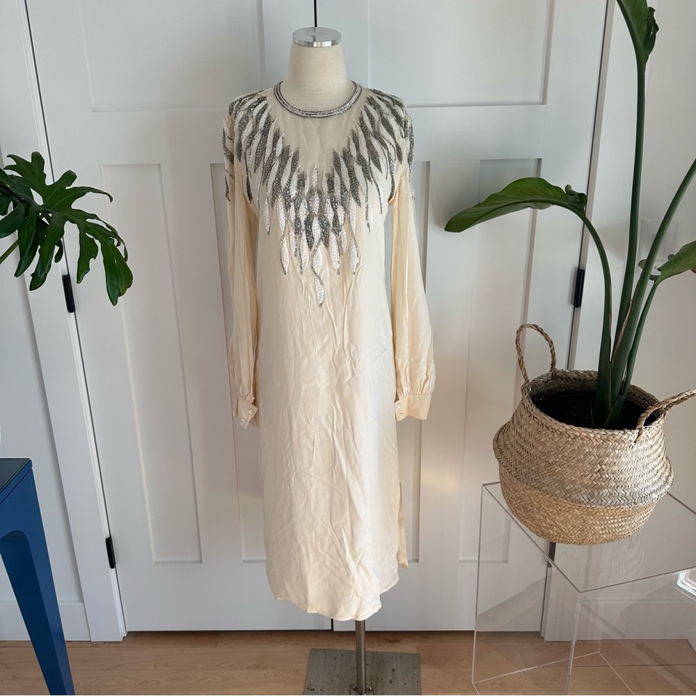 100%Silk Argenti Notte Beaded Cream Dress with Silver and White Accents